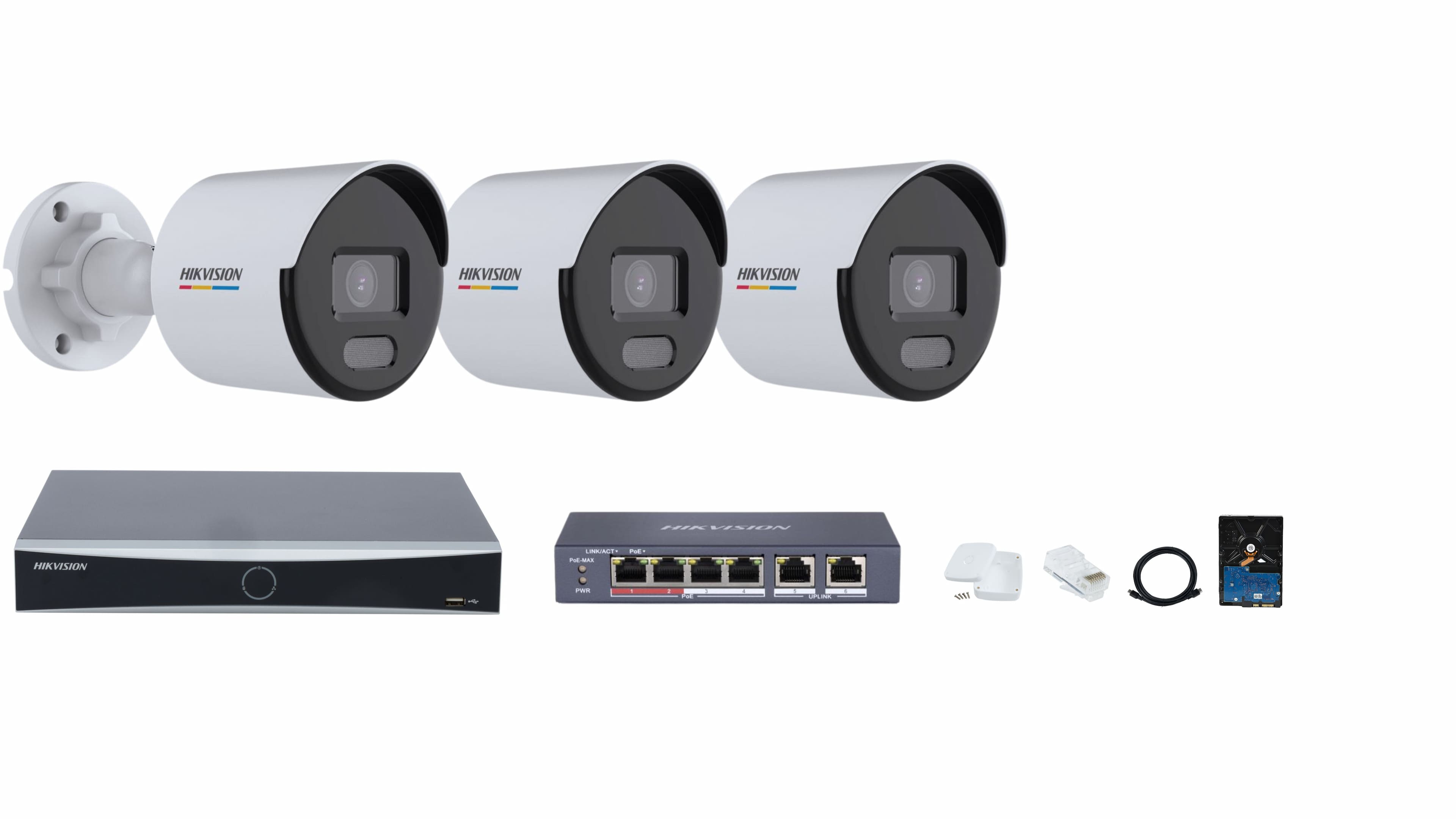 Hikvision 4-channel NVR Full Set with ColorVu IP Cameras for Full Color Videos & Color Night Vision, 4-port PoE, and 1TB Harddisk