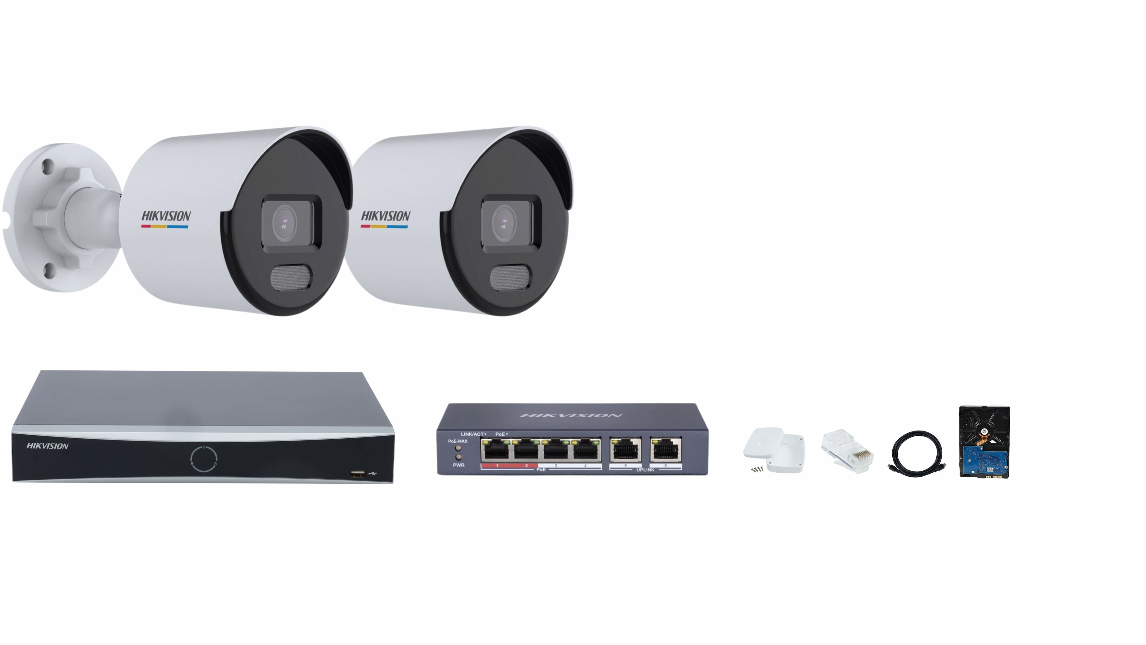 Hikvision 4-channel NVR Full Set with ColorVu IP Cameras for Full Color Videos & Color Night Vision, 4-port PoE, and 1TB Harddisk