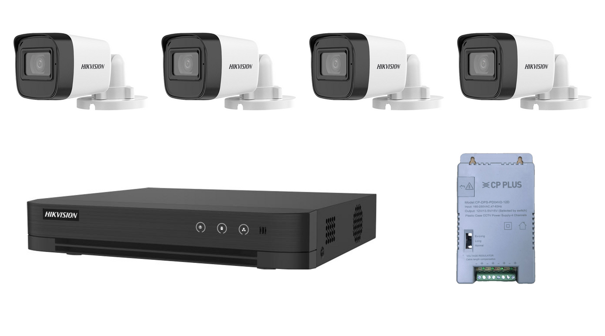 Hikvision DVR, four Hikvision 2MP bullet cameras and CP Plus four-output power supply