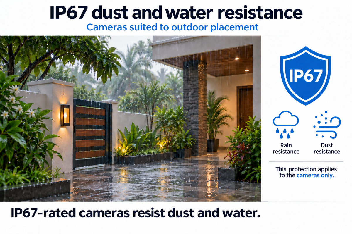 Illustration: IP67-rated cameras resist dust and water; protection applies to cameras only