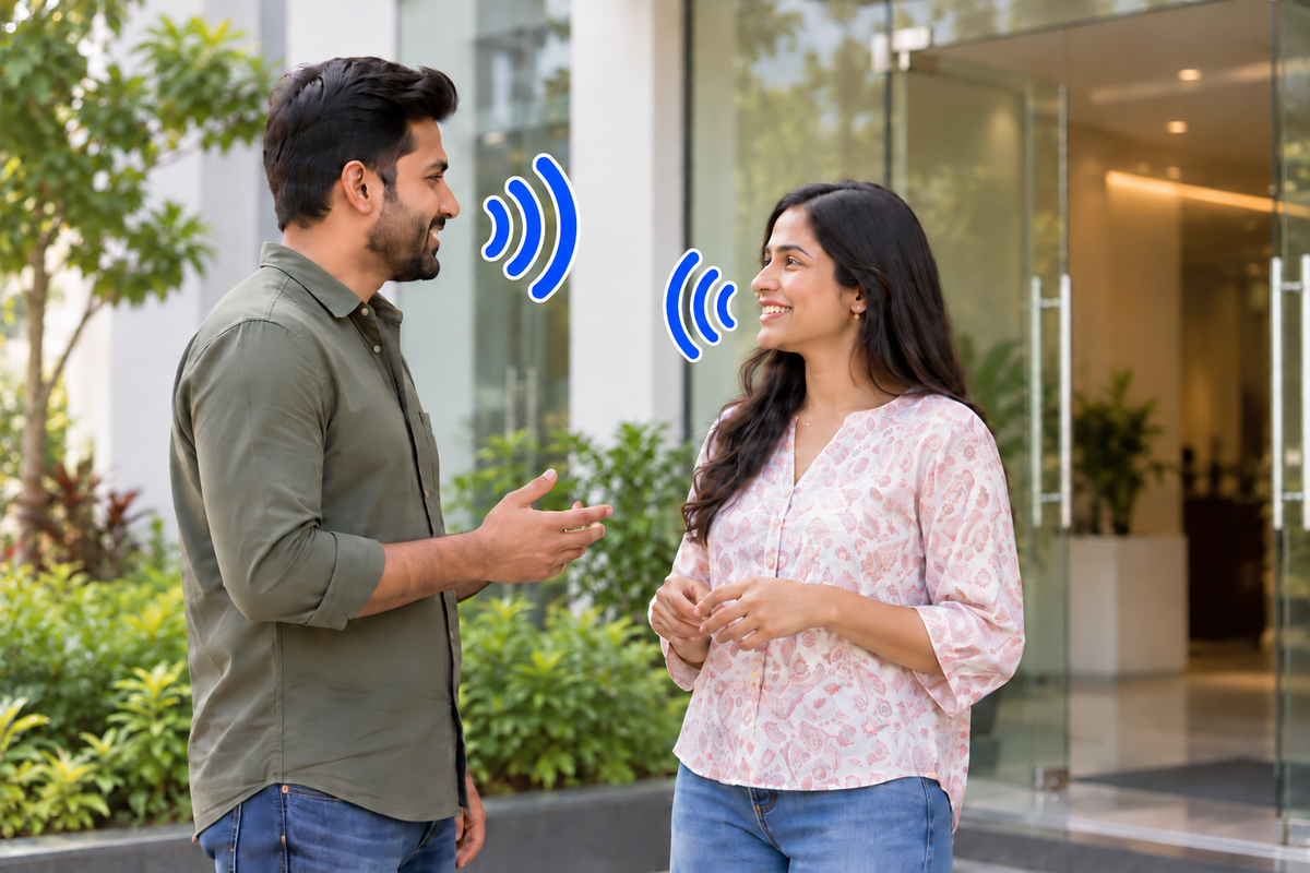 Illustration: conversation at an office entrance with matching sound indicators for both people