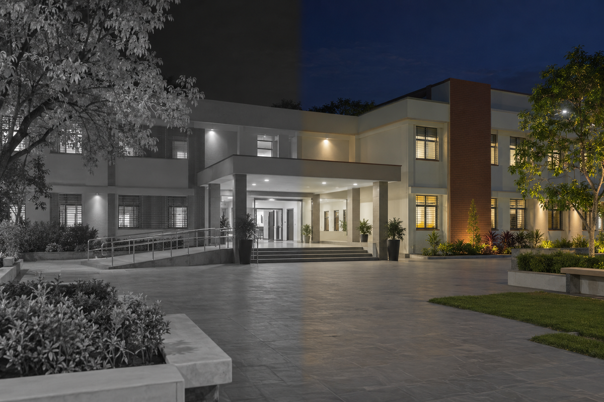 Illustration: institutional entrance with infrared and white-light night visibility