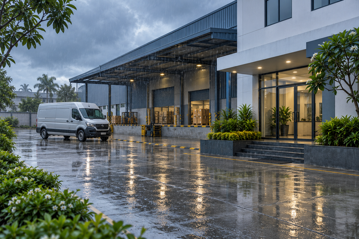 Illustration: rain outside a commercial warehouse and office