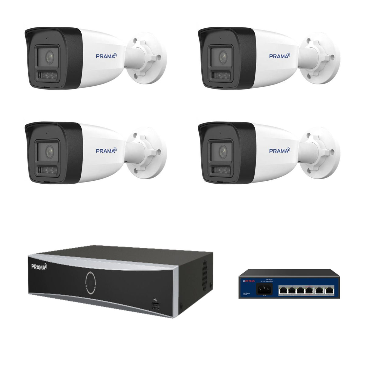 Four Prama IP cameras, one Prama NVR and one CP Plus PoE switch