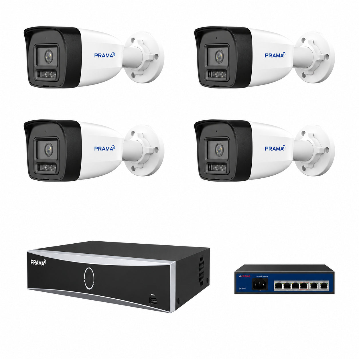 Example equipment: four Prama cameras, a network recorder and CP Plus PoE switch