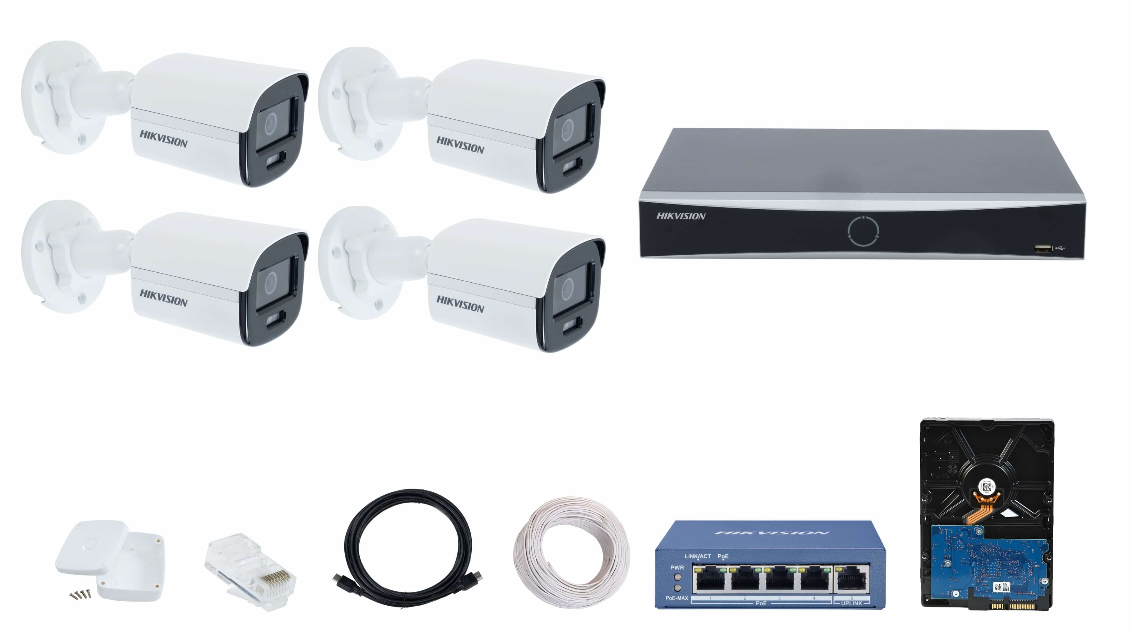 HIKVISION 4 CCTV IP Camera Full Set with 4 Channel 4K NVR, 4 × 2MP ColorVu IP Camera, 4 Port PoE Switch, 500GB HDD, RJ45, Cobox, Cat6 90m & HDMI Cable