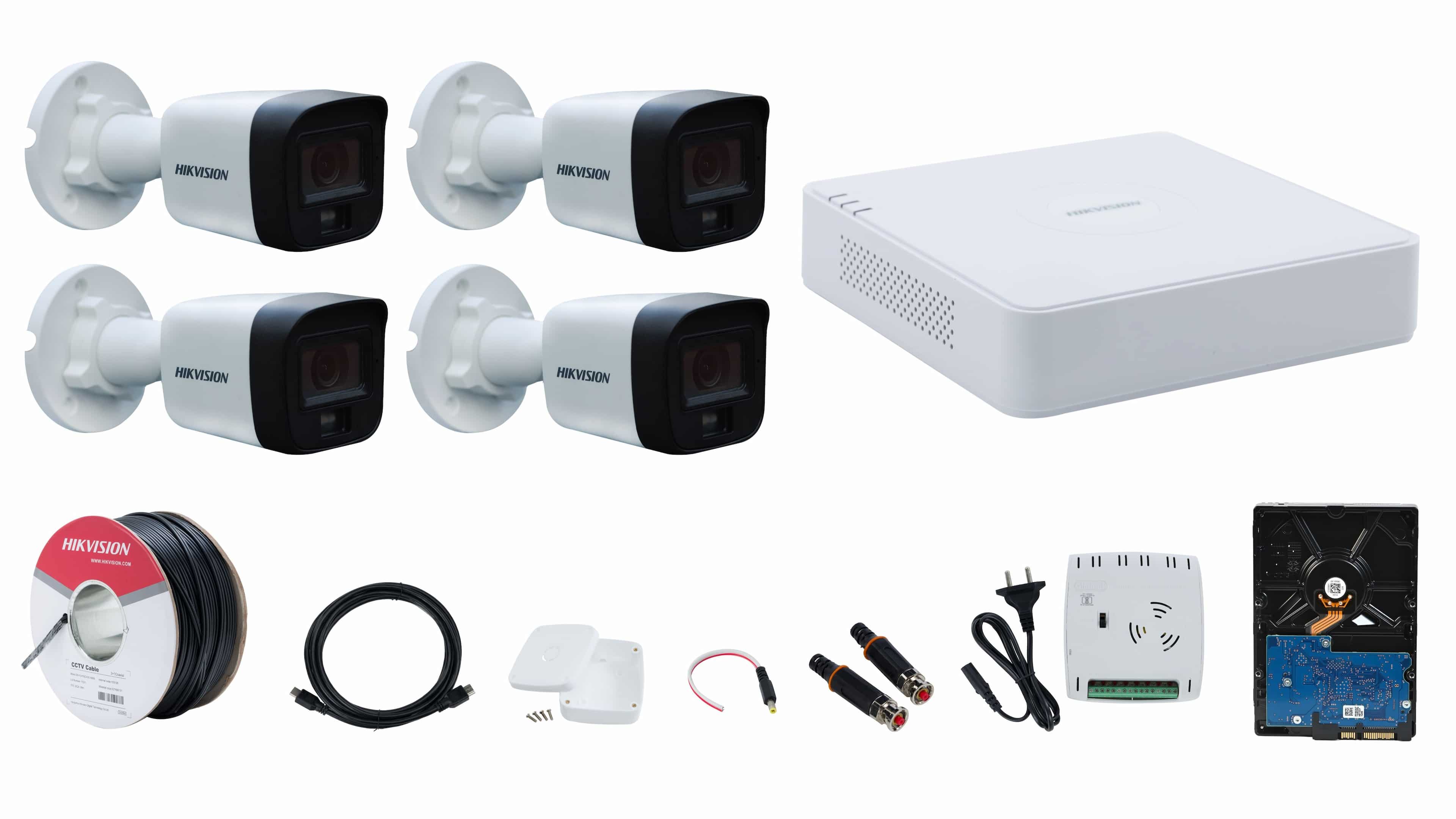 HIKVISION 4 CCTV Camera Full Set with 4 Channel 1080P DVR, 4x 2MP Smart Hybrid Cameras, 500GB HDD, Cable Roll, 4CH Power Supply, BNC, DC, Cobox & HDMI