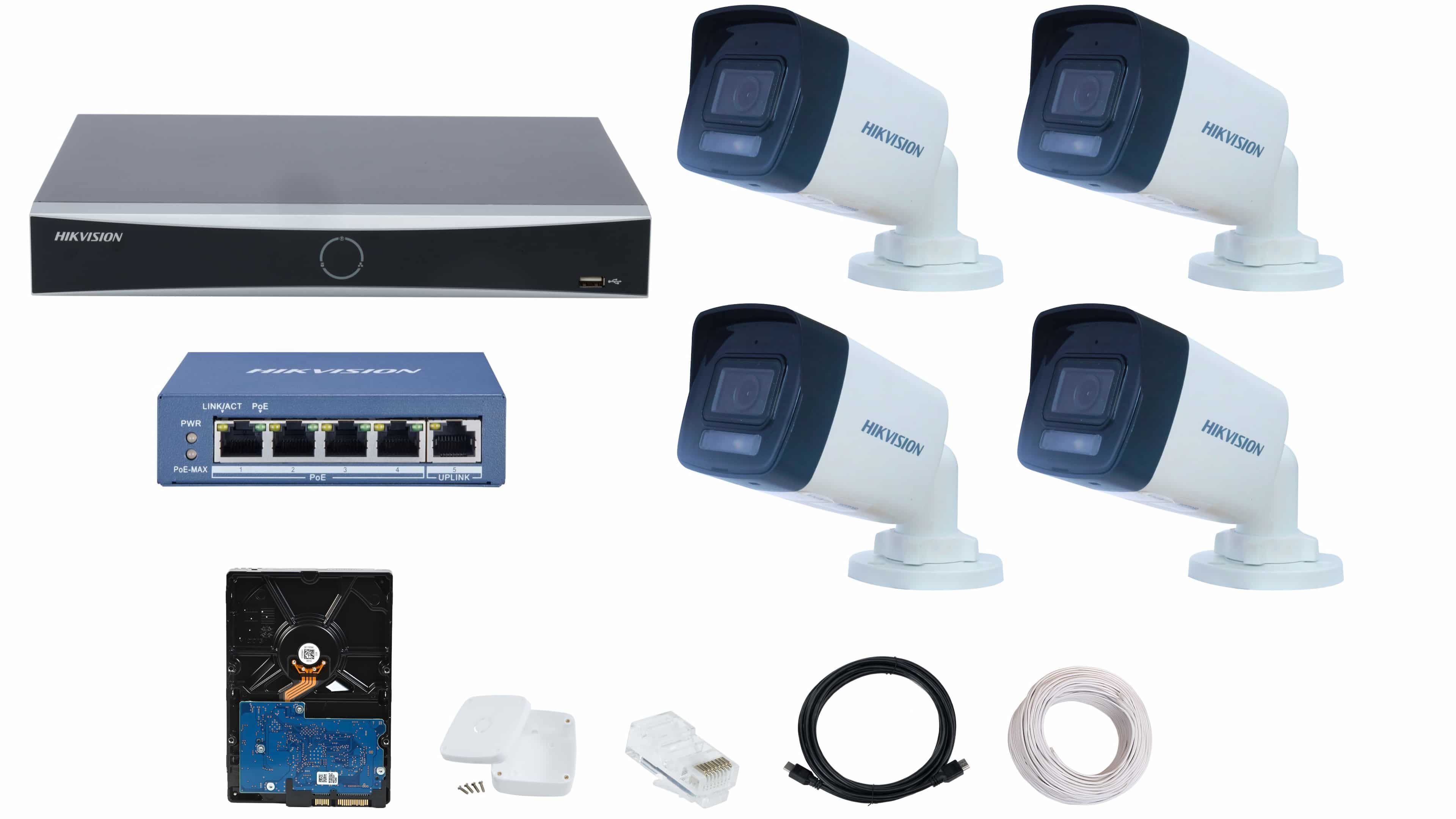 HIKVISION 4 CCTV IP Camera Full Set with 4 Channel 4K NVR, 4 × 2MP Hybrid IP Camera, 4 Port PoE Switch, 500GB HDD, RJ45, Cobox, Cat6 90m & HDMI Cables