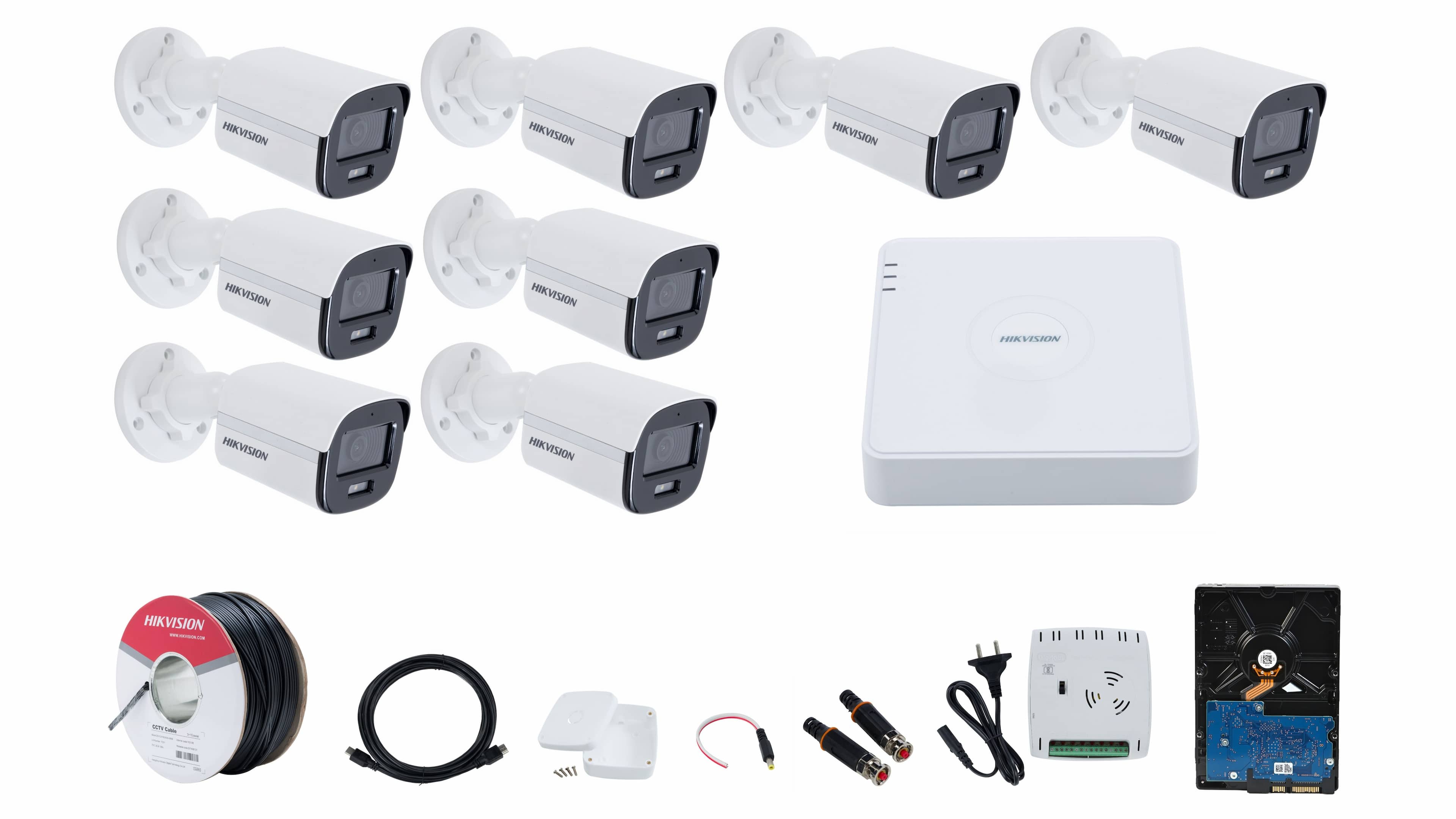 HIKVISION 8 CCTV Camera Full Set with 8 Channel 1080P DVR, 8x 2MP ColorVu Bullet Cameras, 1TB HDD, Cable Roll, 8CH Power Supply, BNC, DC, Cobox & HDMI