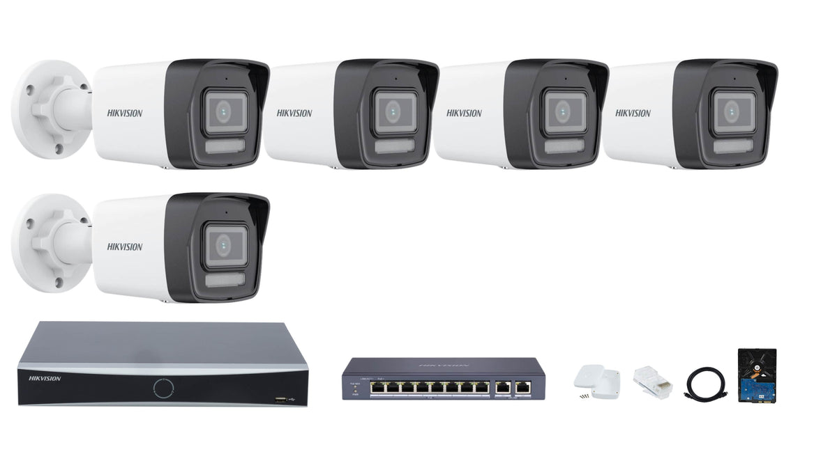 Hikvision 2MP Smart Hybrid Light IP Camera Full System – Color Video, Smart Night Vision, Audio, 8-channel NVR, 8-port PoE & 1TB Harddisk
