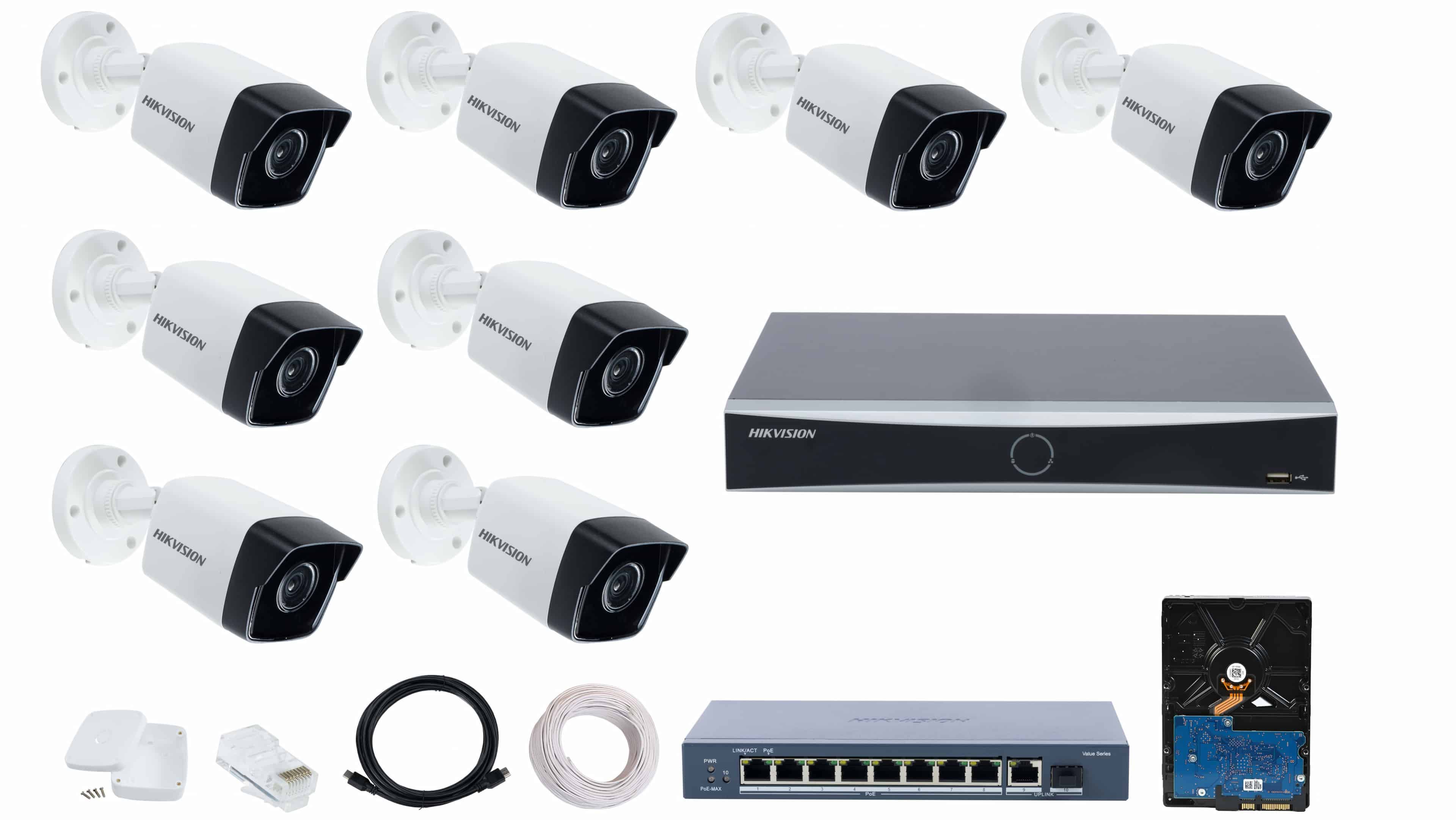 HIKVISION 8 CCTV IP Camera Full Set with 8 Channel 4K NVR, 8x 2MP Bullet IP Cameras, 8 Port PoE Switch, 1TB HDD, RJ45, Cobox, Cat6 90m & HDMI Cables