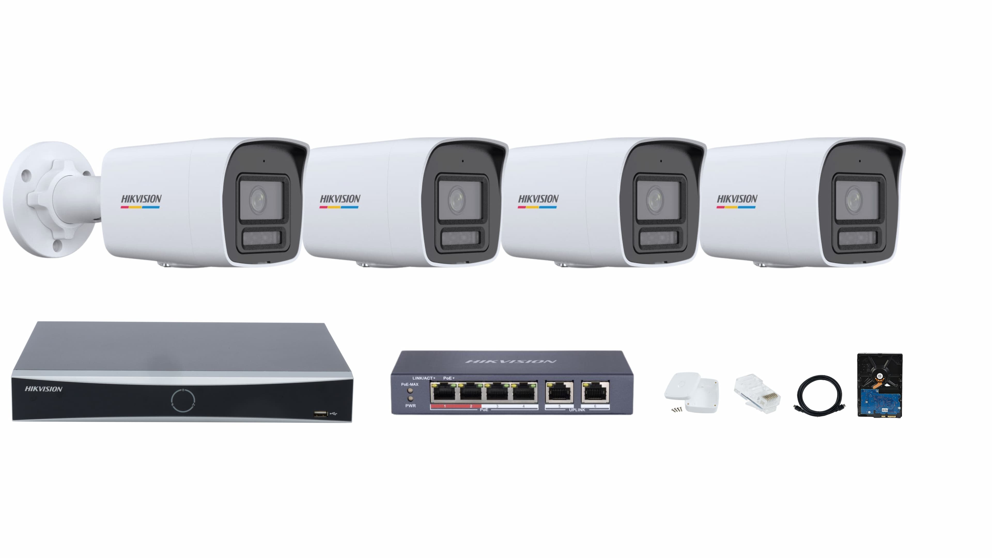 Hikvision 4-channel NVR Full Set of ColorVu with Smart Hybrid Light IP Cameras for Smart Night Vision & Audio, 4-port PoE, and 1TB HDD