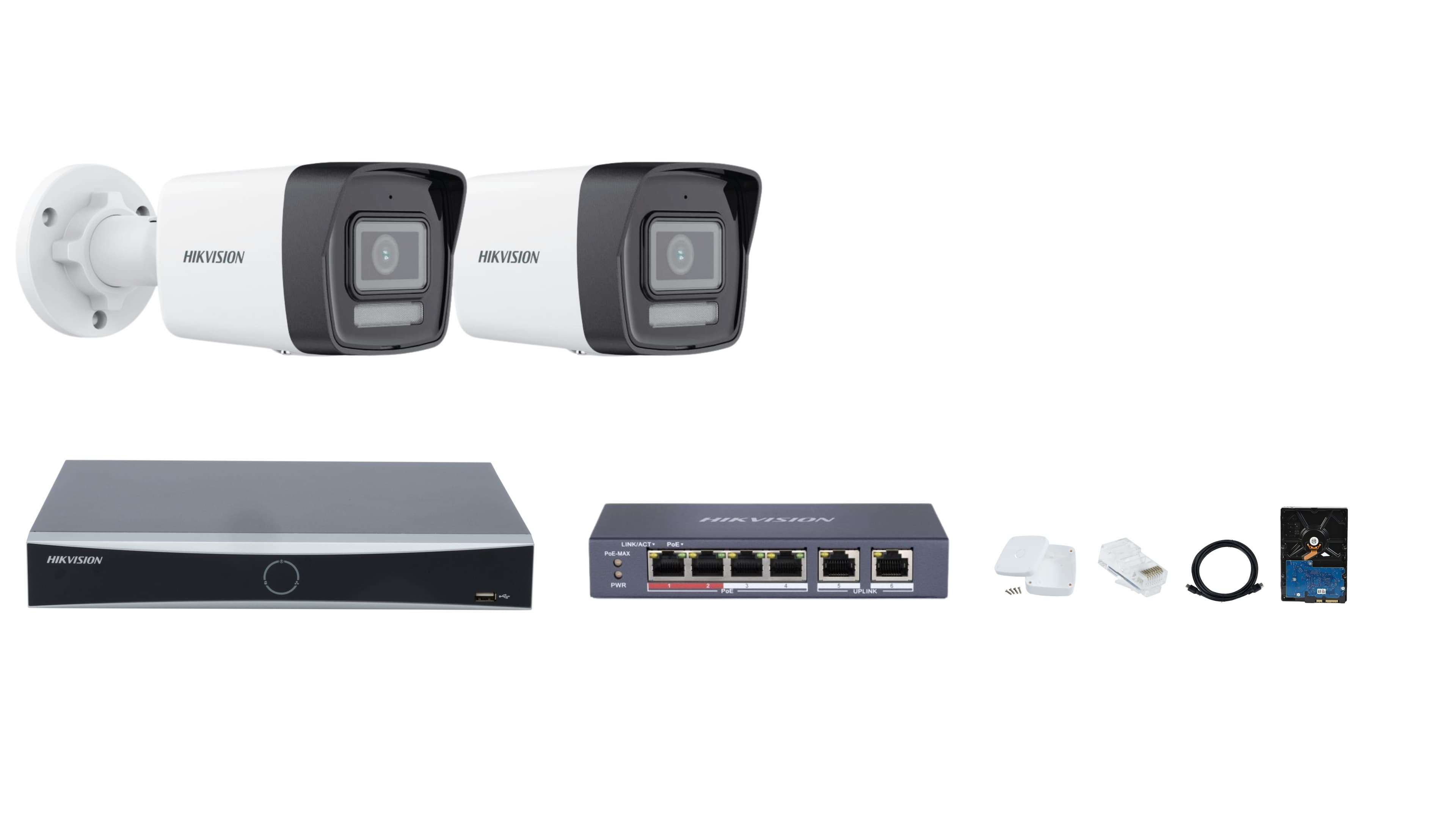 Hikvision IP Camera System - Smart Hybrid Light Cameras with Night Vision & Audio, 4-Ch NVR & PoE Switch, 1TB HDD, and Accessories