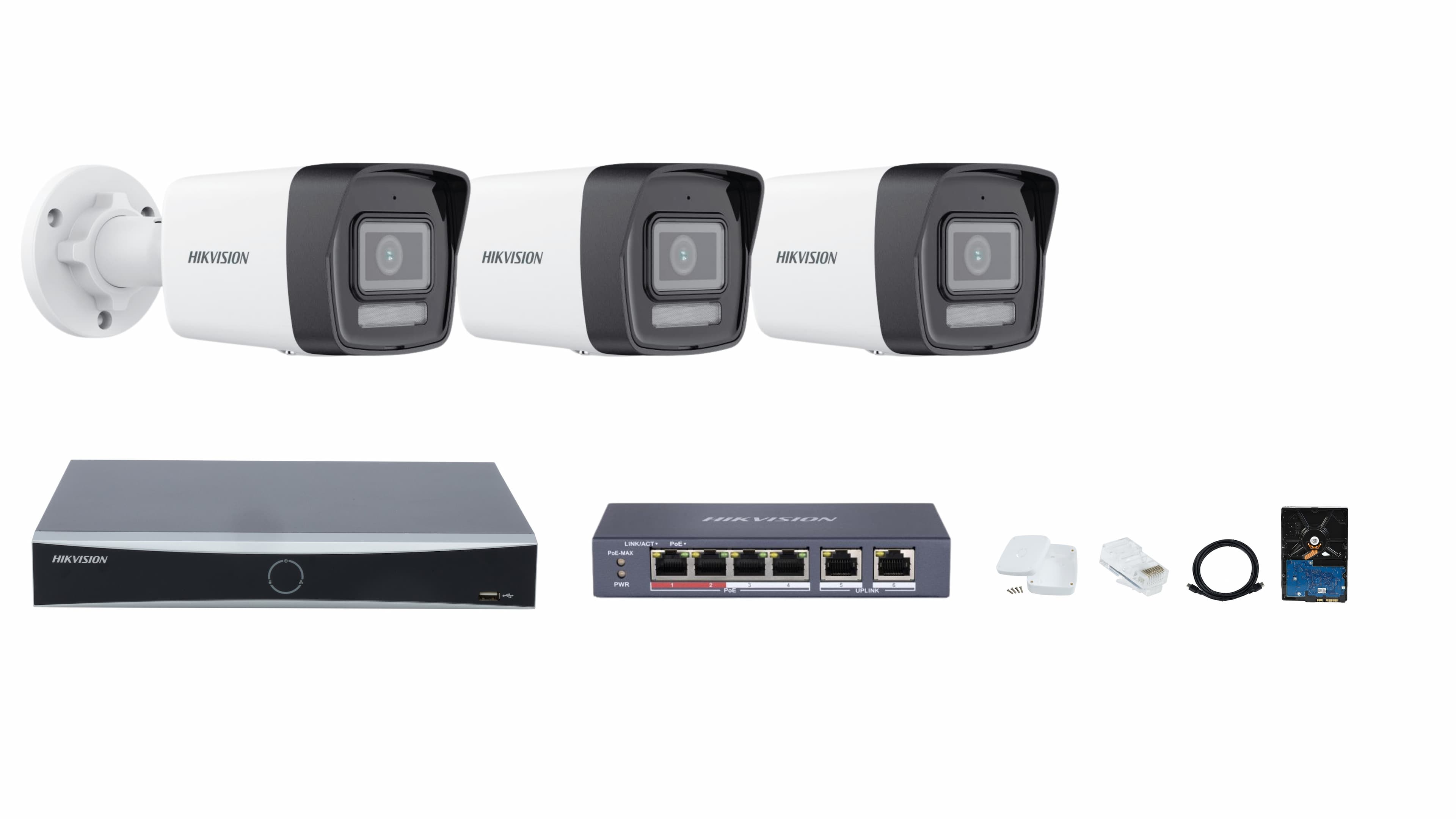 Hikvision IP Camera System - Smart Hybrid Light Cameras with Night Vision & Audio, 4-Ch NVR & PoE Switch, 1TB HDD, and Accessories