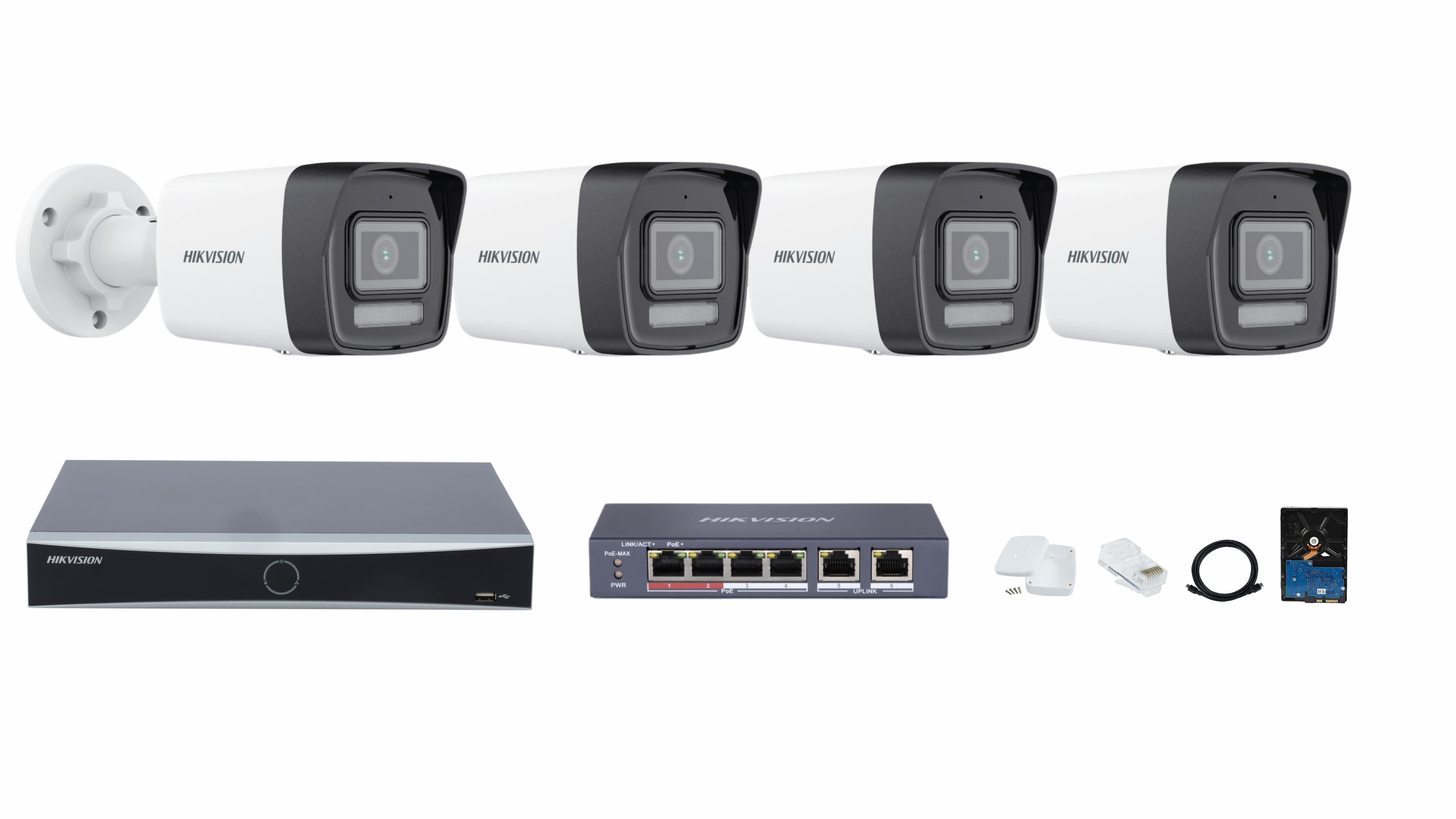 Hikvision IP Camera System - Smart Hybrid Light Cameras with Night Vision & Audio, 4-Ch NVR & PoE Switch, 1TB HDD, and Accessories