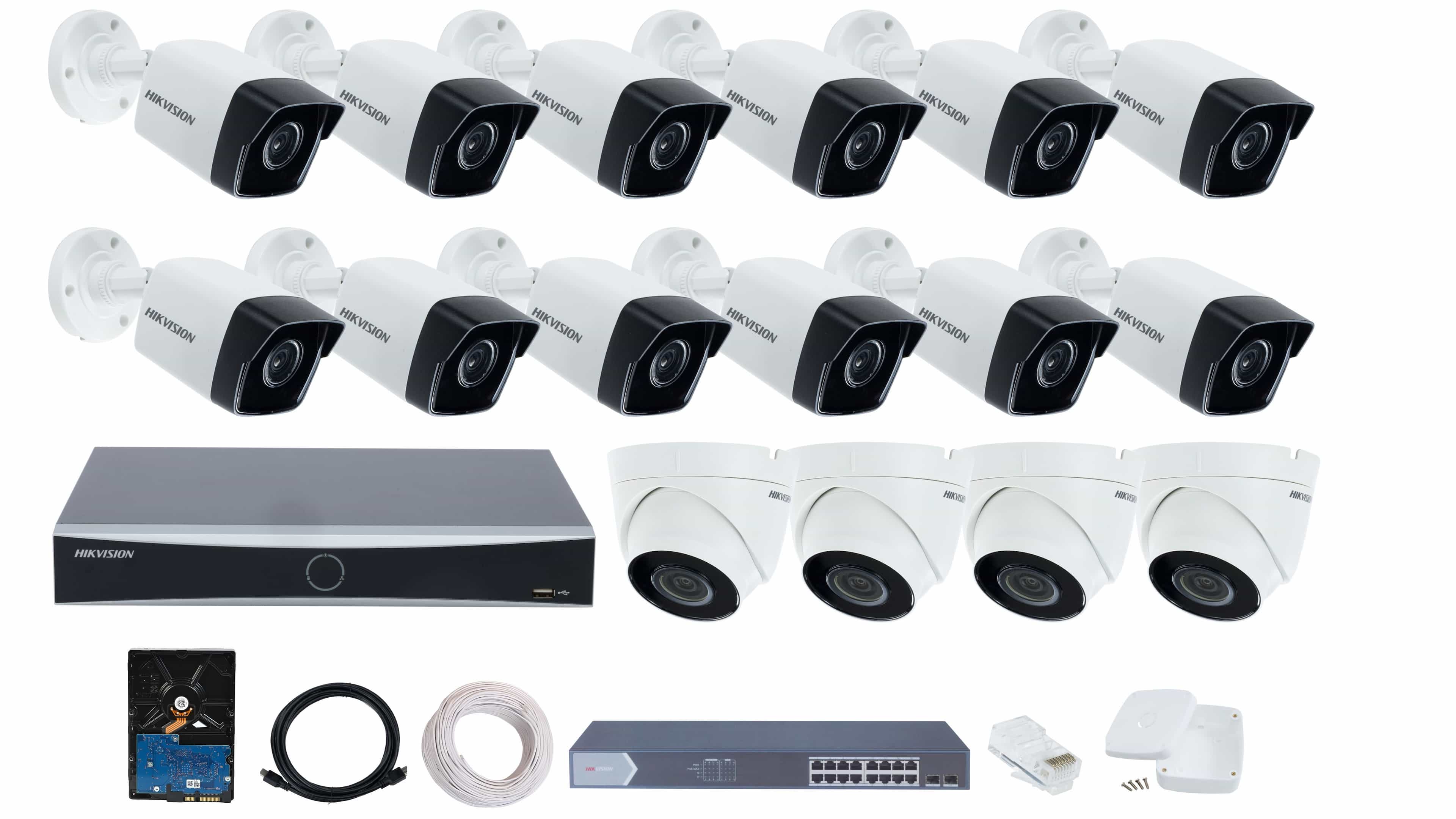 HIKVISION 16 CCTV IP Camera Full Set with 16 Channel 4K NVR, 16 x 2MP Bullet IP Camera, 16 Port PoE Switch, 2TB HDD, RJ45, Cobox, Cat6 90m, HDMI Cable
