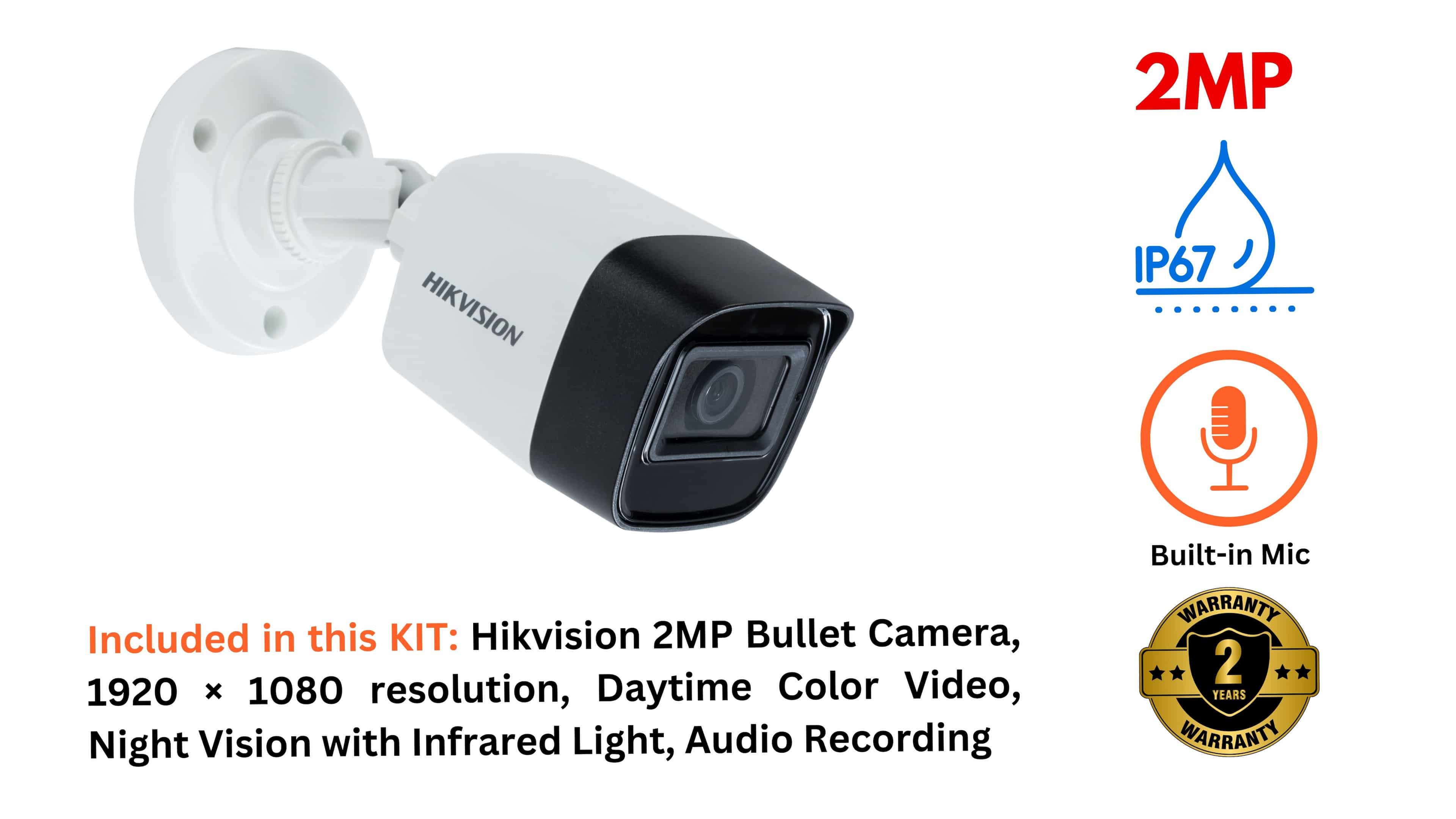 Hikvision 2MP Audio Mini Fixed Bullet Camera, DS-2CE16D0T-ITPFS