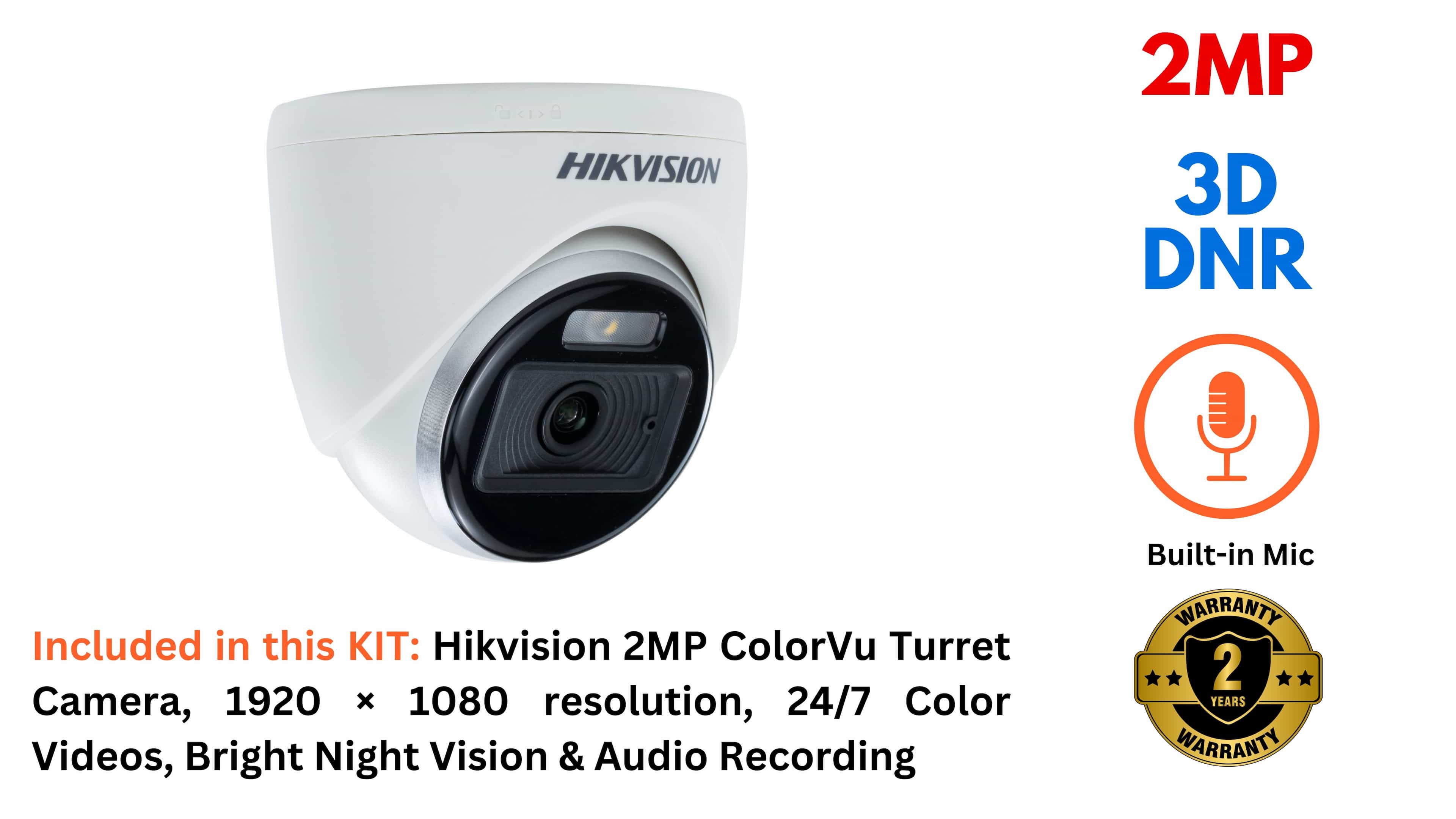 Hikvision DS-2CE70DF0T-PFS, 2MP ColorVu Audio Fixed Turret Camera