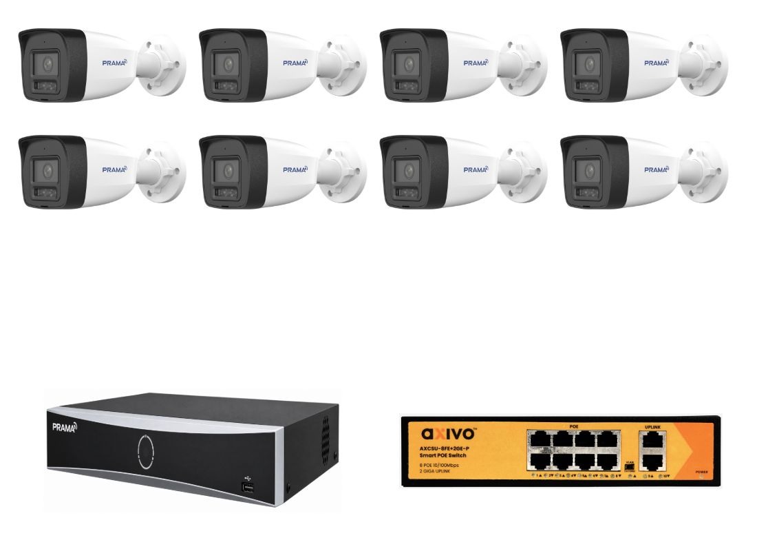 Eight Prama cameras, owner-supplied Prama NVR image and Axivo PoE switch