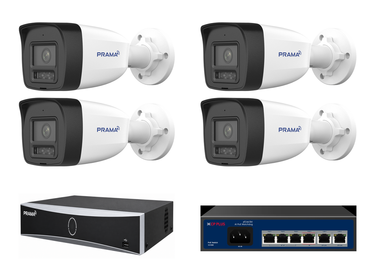 Four Prama 4MP bullet cameras, selected Prama NVR and CP Plus PoE switch; HDD sold separately